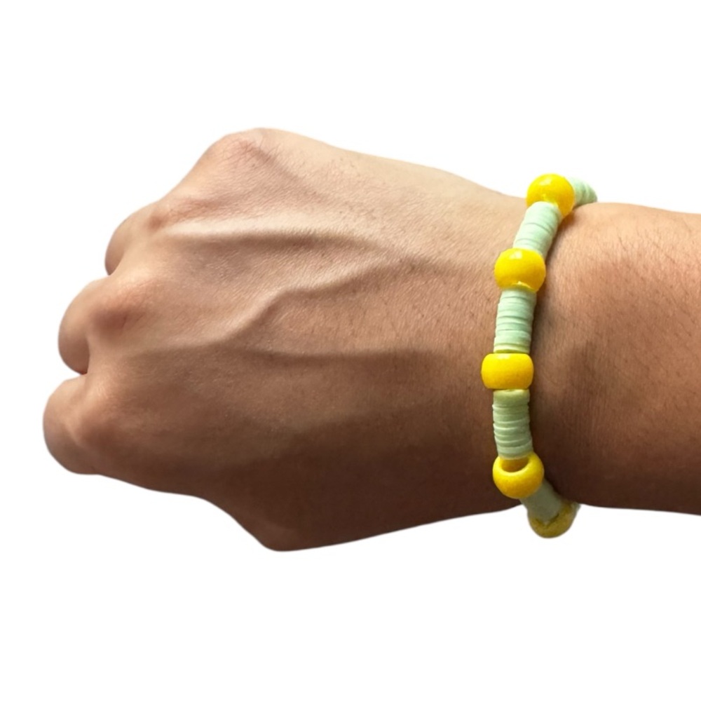 3 FOR $20 HANDCRAFTED Pastel Green Clay Bead & Yellow Pony Beaded Bracelet